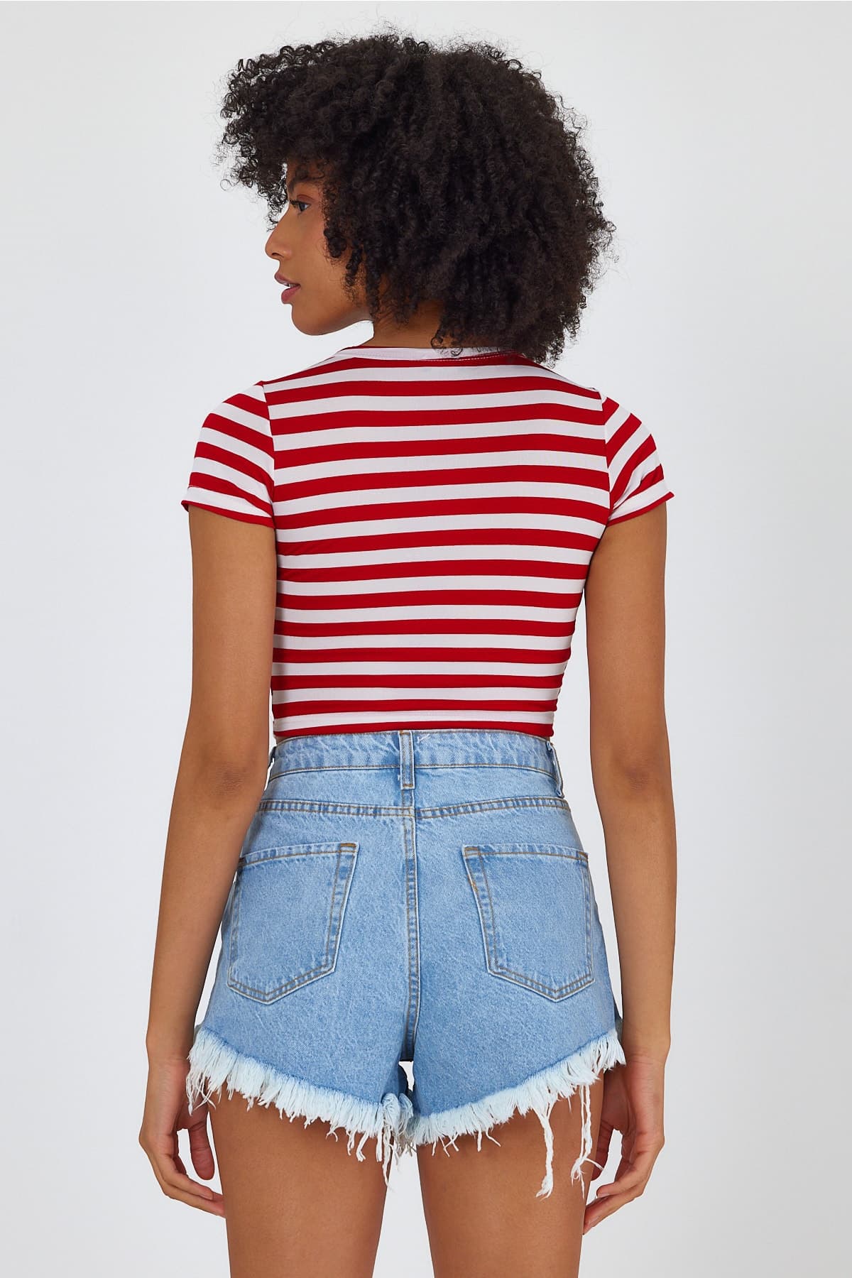 Kadın Çizgili Crop Tshirt - Kırmızı