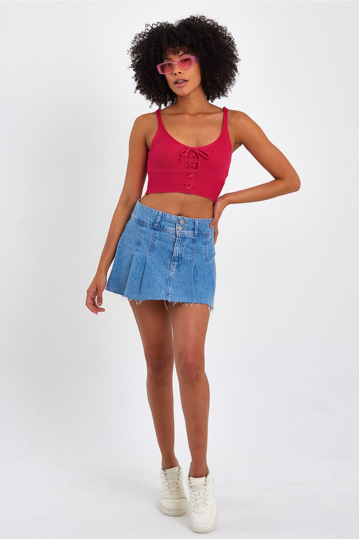 Kadın Çapraz Bağcıklı Triko Crop Bluz - Fuşya