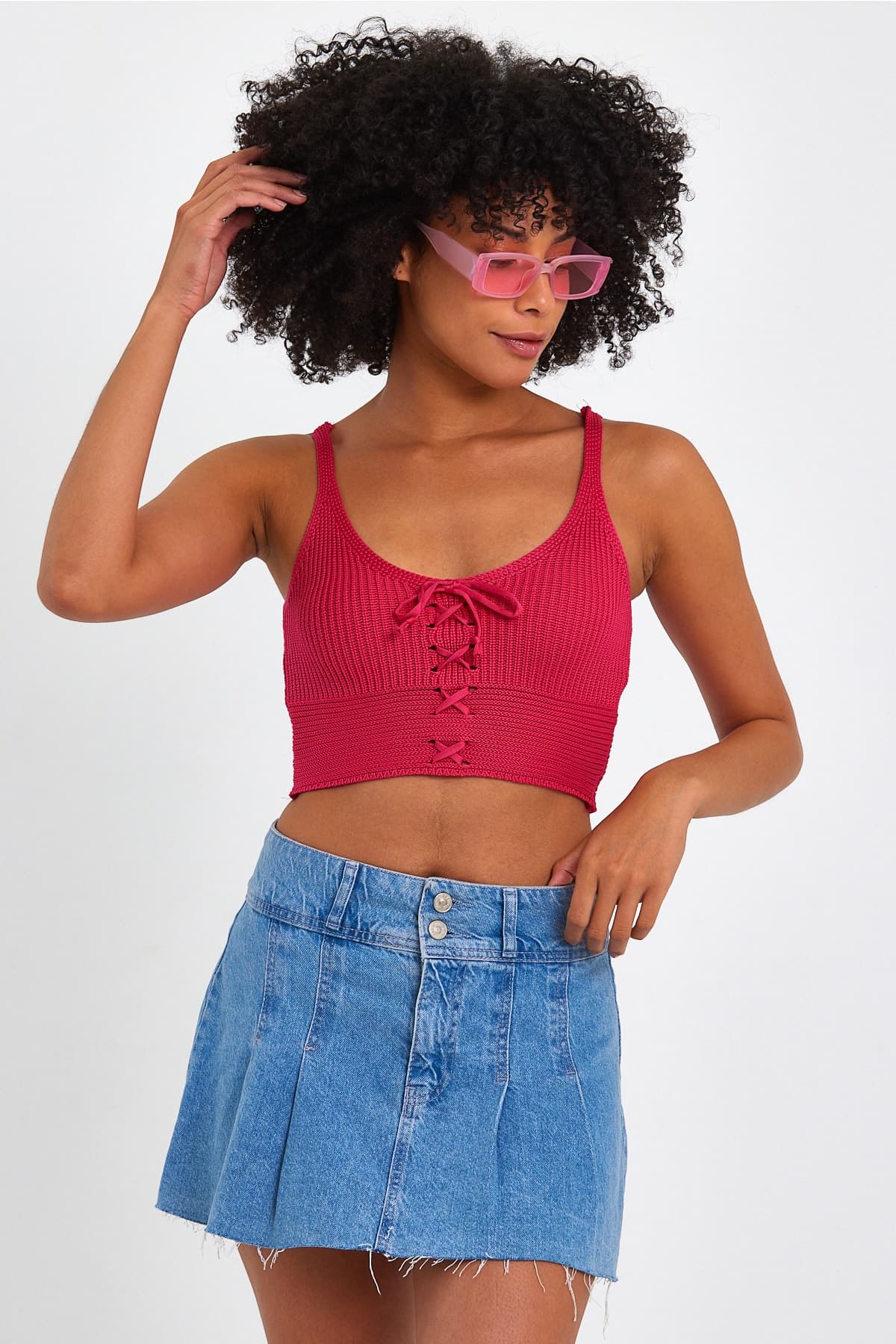 Kadın Çapraz Bağcıklı Triko Crop Bluz - Fuşya