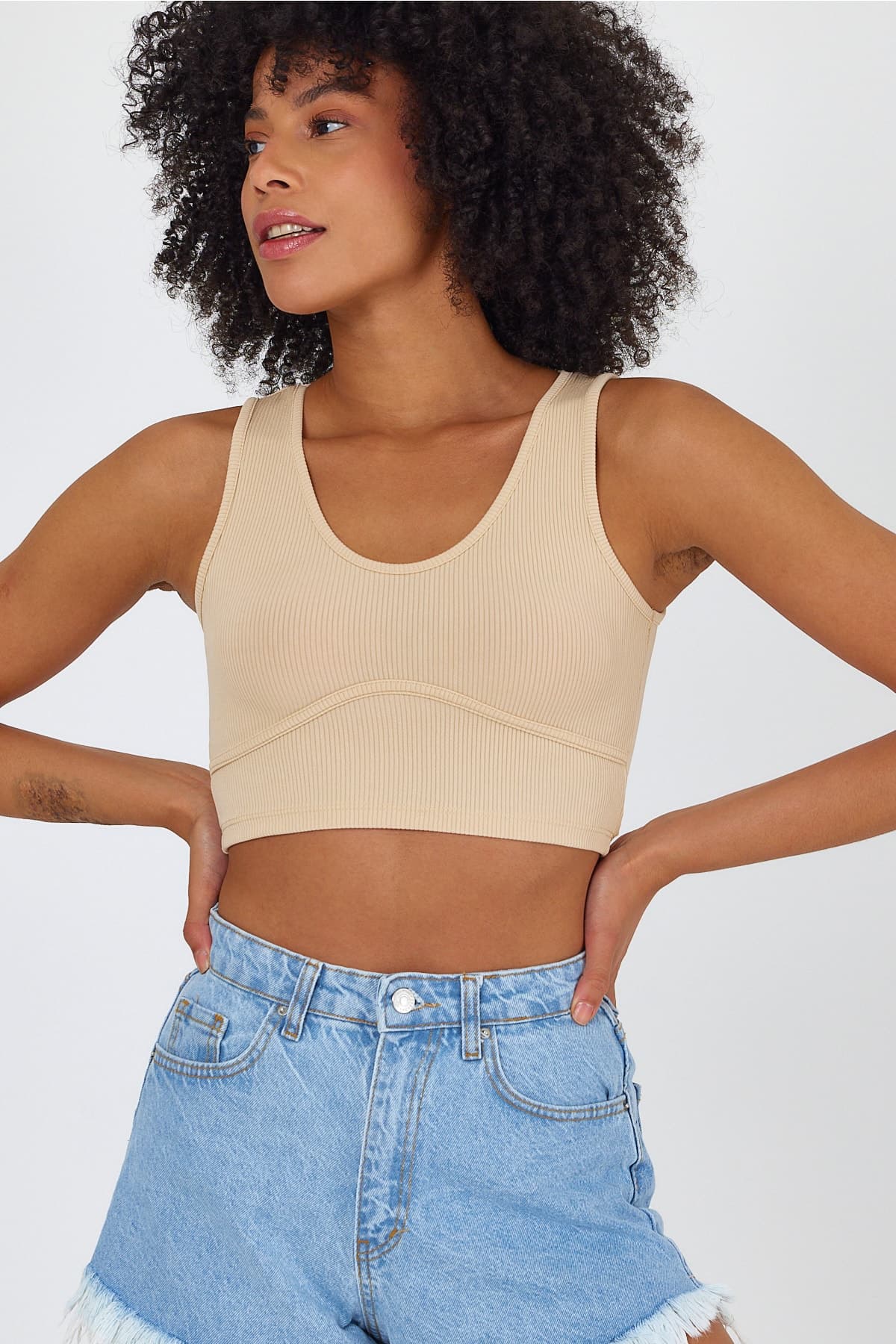 Kadın Askılı Parça Detay Fitilli Crop - Gri