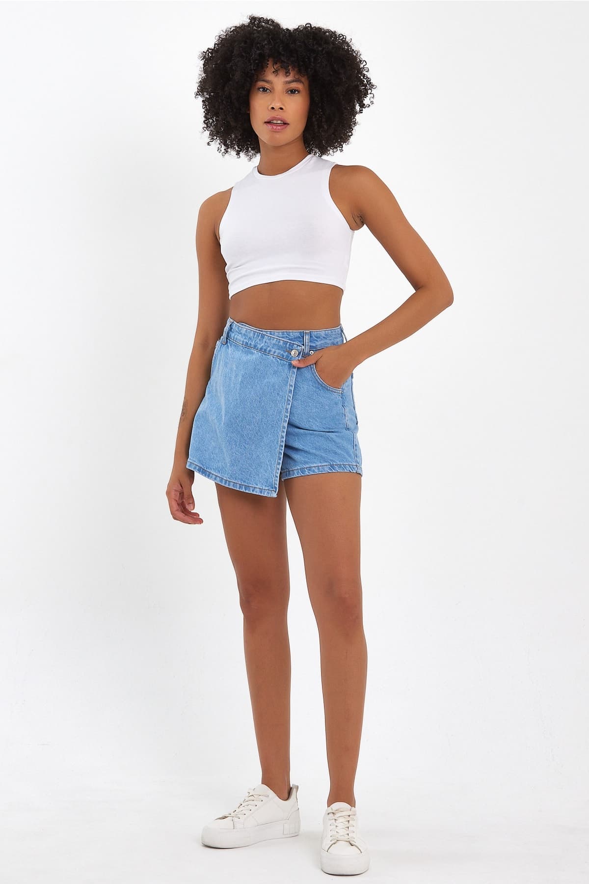 Önü Düğmeli Kot Şort Etek - Denim Mavi